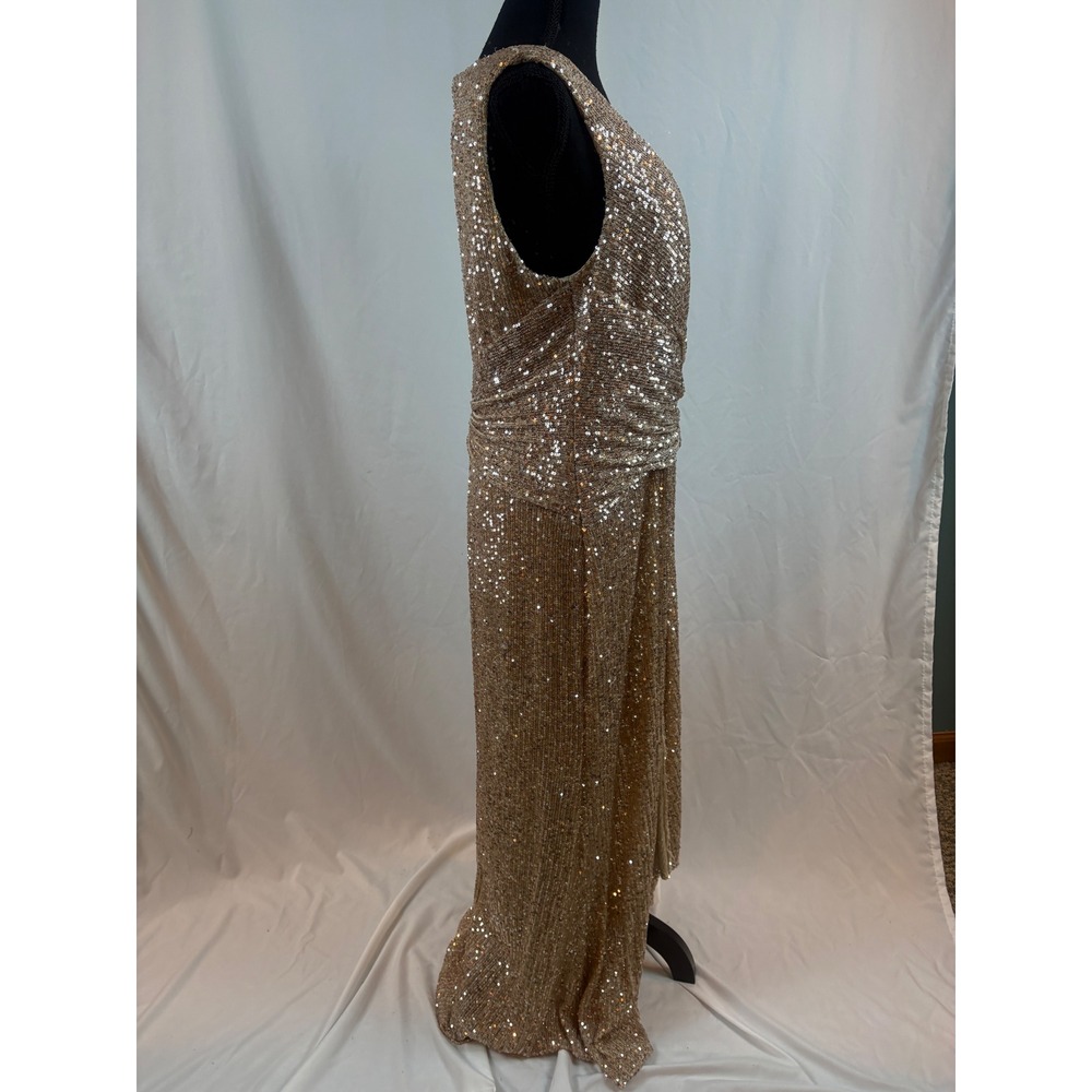 Champagne Gold Sequin Wrap V-Neck Sleeveless Maxi Evening Gown Knot Detail Dress - Picture 14 of 15